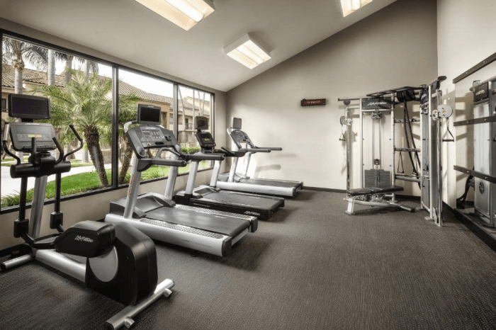 Fitness center with tread mills and other equipment.