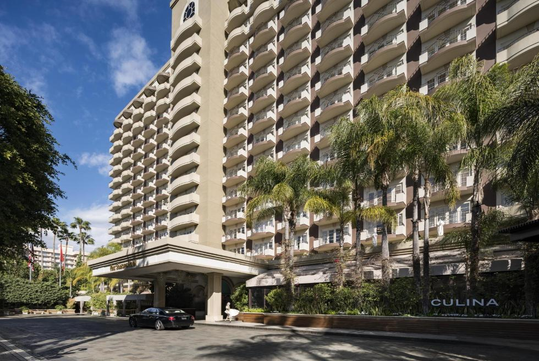 Large hotel building with numerous balconies, surrounded by palm trees. A car is parked near the entrance under a porte-cochere. Bright day with a clear blue sky.