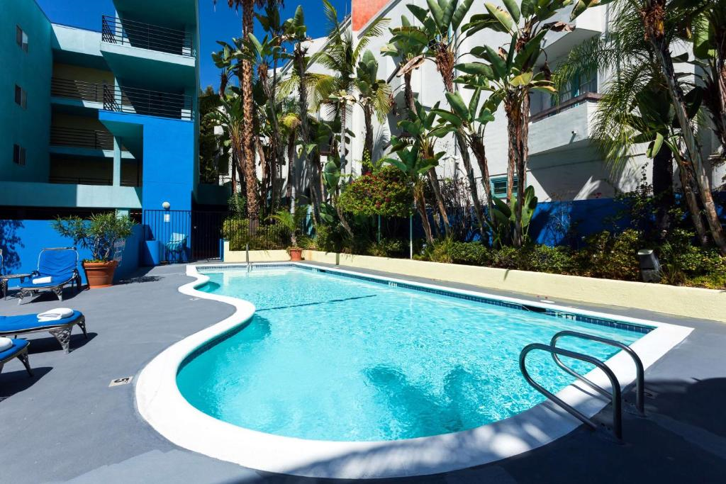 Outdoor swimming pool surrounded by palm trees, with blue buildings in the background and poolside chairs on the left.