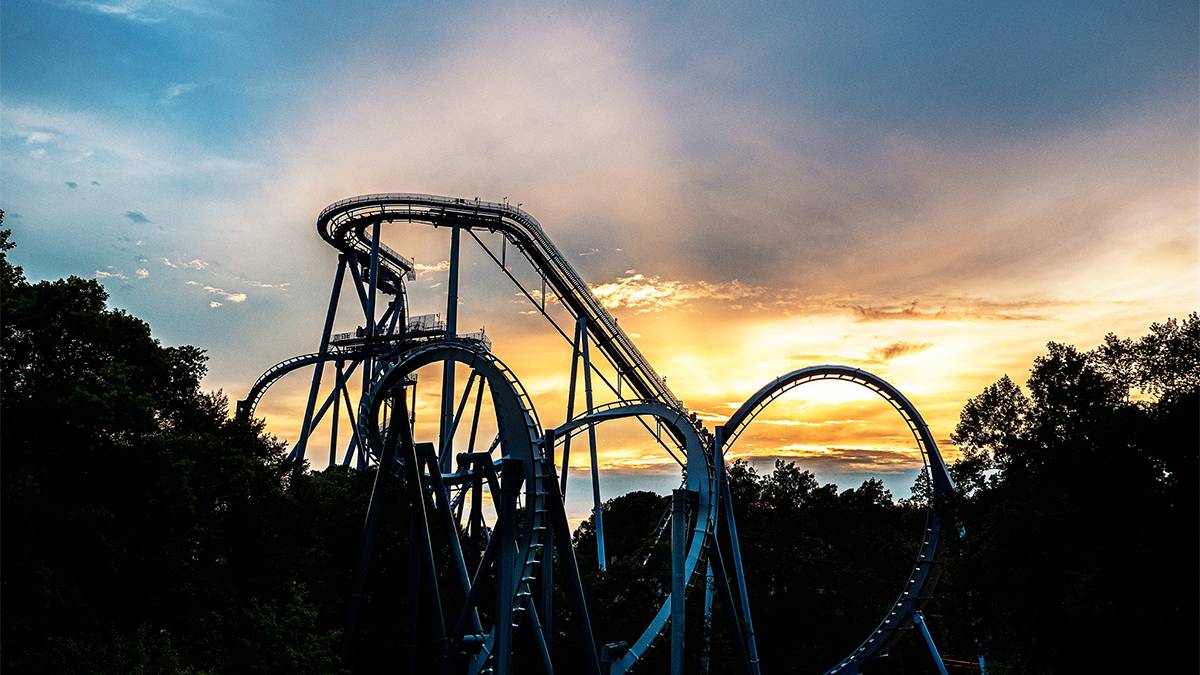 Silhouette of a roller coaster at Busch Gardens Williamsburg during sunset.