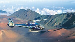Aerial View of a Blue Hawaiian Helicopter Tour over Haleakala, the world’s largest dormant volcano - Maui, Hawaii, USA