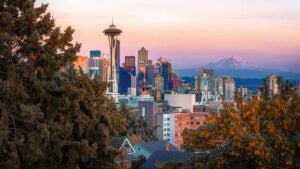 Seattle Skyline at sunset during fall in Seattle, Washington, USA