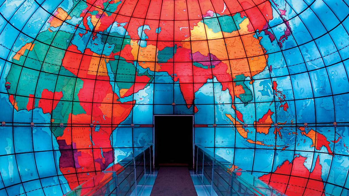 Wide shot of the walkway at the The Mary Baker Eddy Library Mapparium in Boston, Massachusetts, USA