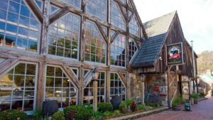exterior ground view of Smoky Mountain Brewery Restaurant in Gatlinburg, Tennessee, USA